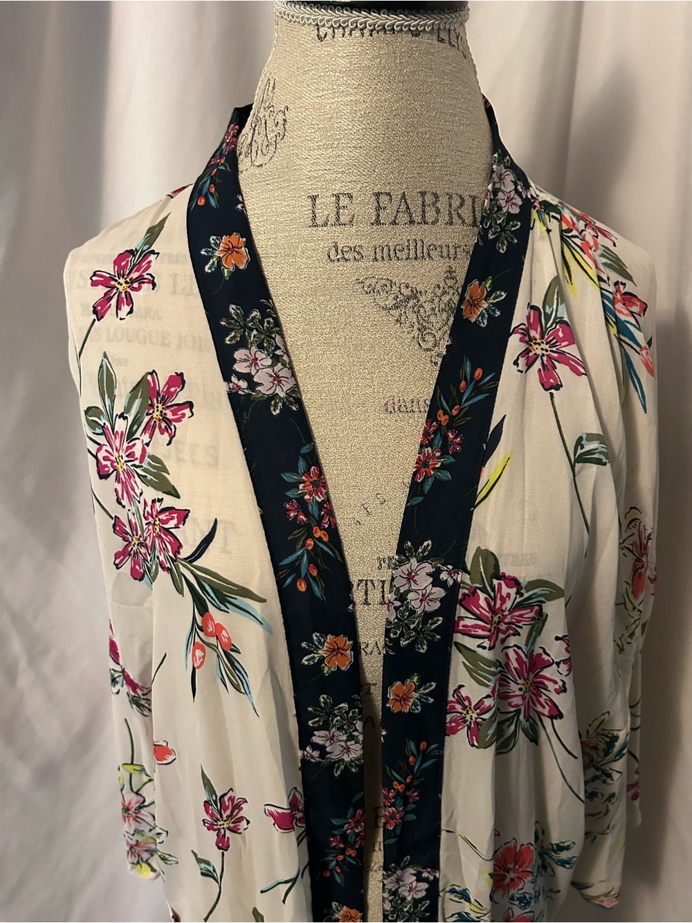 Floral Kimono Cardigan in Cream and Navy Trim